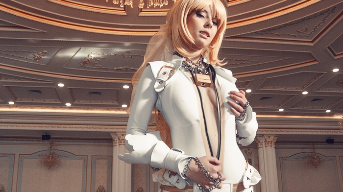 Saber Bride, blue eyes, leather clothing, boots, Helly von Valentine, blonde, Disharmonica, leather boots, cleavage, cosplay, ballroom, long hair, suits