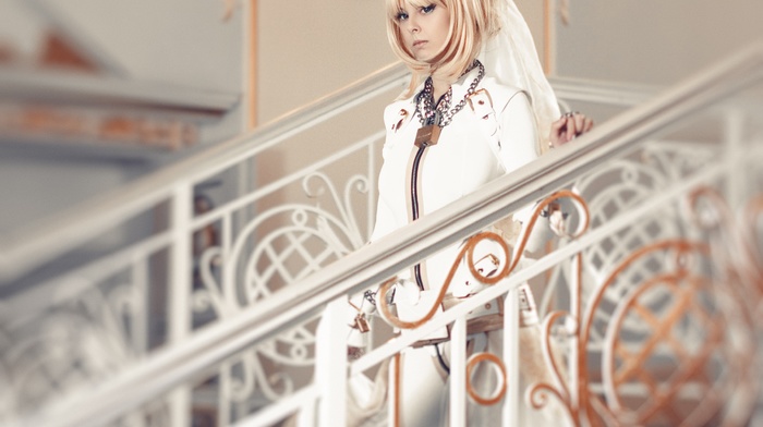 leather clothing, Disharmonica, Saber Bride, blonde, Helly von Valentine, suits, cosplay, stairs, leather boots, boots, blue eyes, long hair