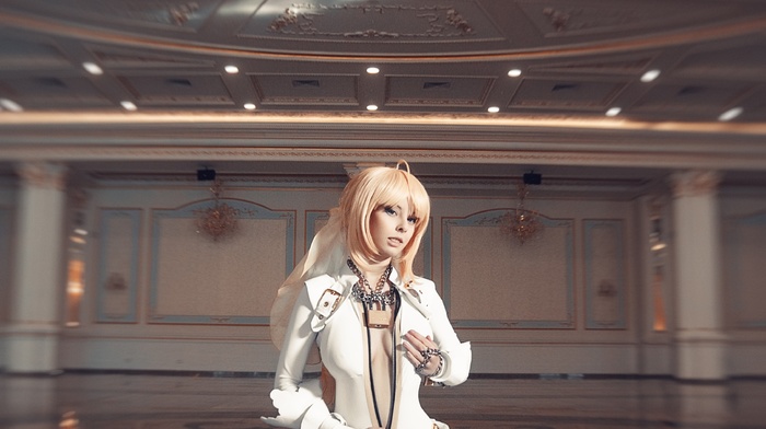 boots, Saber Bride, blue eyes, leather boots, ballroom, cleavage, blonde, Helly von Valentine, spread legs, Disharmonica, suits, leather clothing, cosplay, long hair