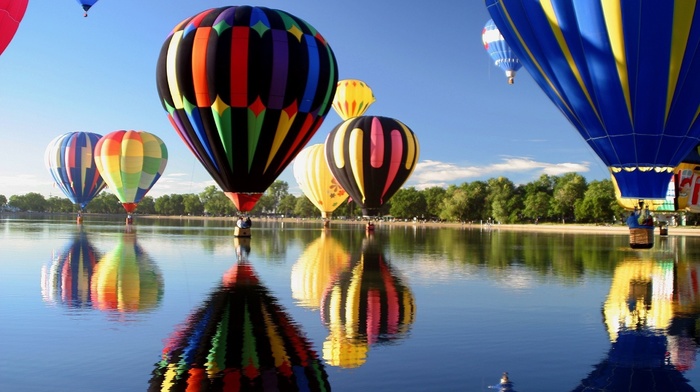 balloon, hot air balloons, lake, reflection