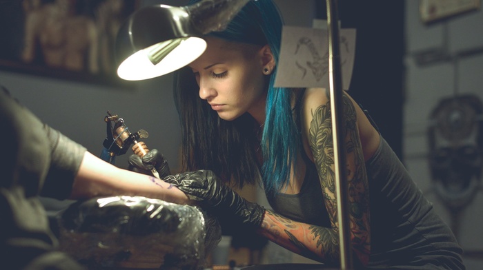 blue hair, tattoo, girl