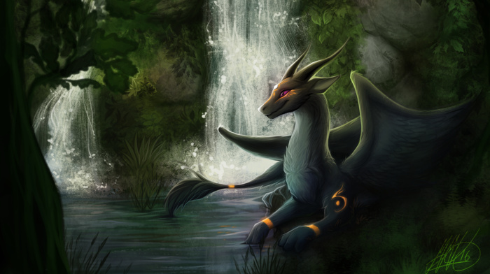 furry, dragon, Anthro, waterfall