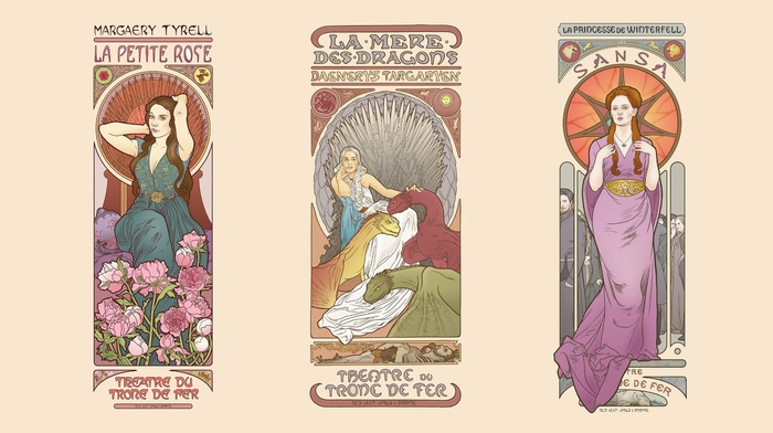Art Nouveau, Margaery Tyrell, Game of Thrones, fantasy girl, collage, Sansa Stark, Daenerys Targaryen