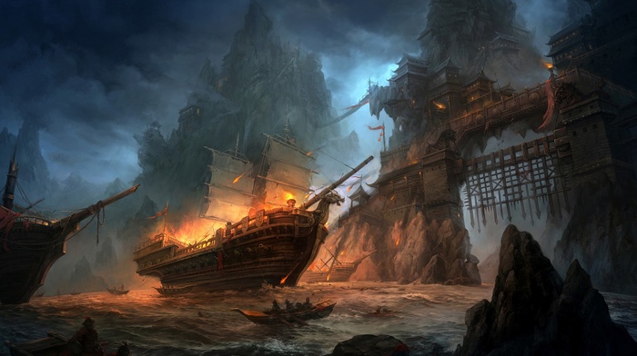 boat, fantasy art, battle, ship