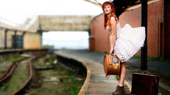 model, train station, girl, suitcase