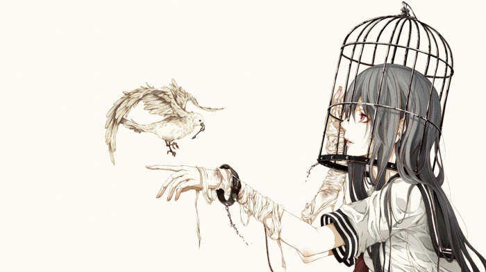 bandage, original characters, anime girls, birds, cages, birdcage, school uniform