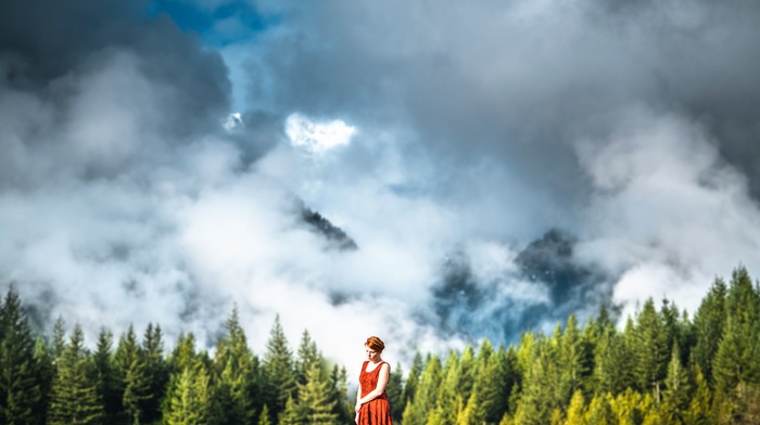 girl, girl outdoors, clouds, trees