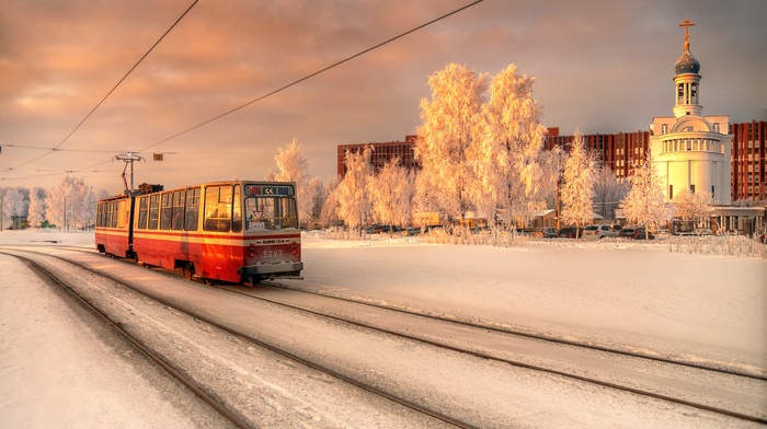 tram, snow, church, winter, Russia, city, St. Petersburg, evening, Orthodox