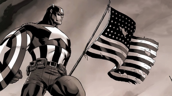 Marvel Comics, Captain America, american flag, flag, monochrome, superhero, shield, costumes, comics