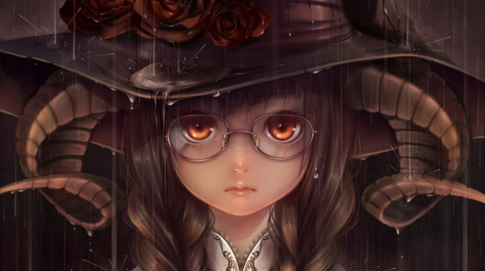 rain, anime girls, horns, glasses