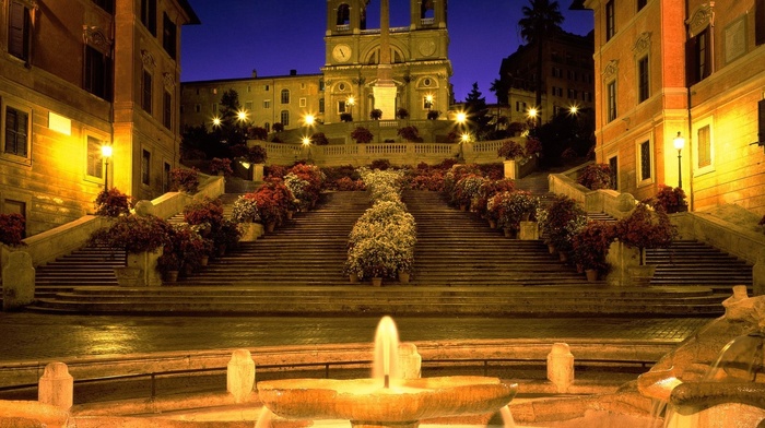 fountain, Rome, Italy, lights, evening, stairs, Piazza di Spagna, street light, church, city