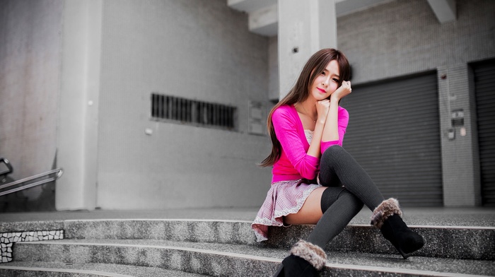 selective coloring, Asian, girl, thigh, highs, skirt, stairs
