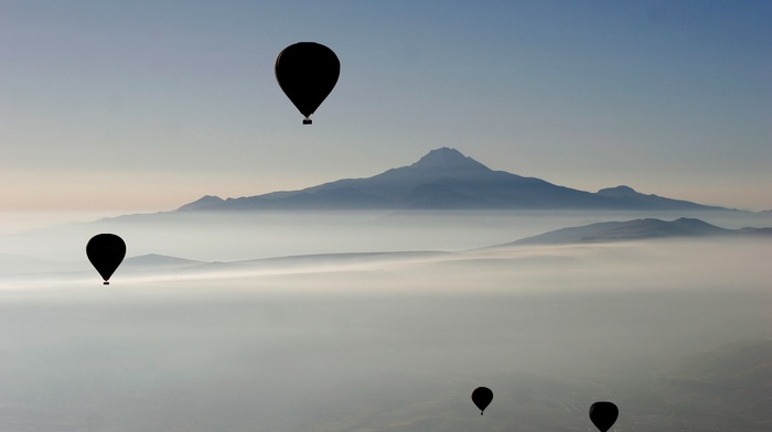 hot air balloons, nature, mountains, mist, landscape, photography, balloon