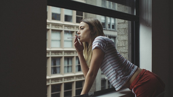 shorts, looking out window, girl, long hair, window, looking away, model, blonde, cigarettes, smoking