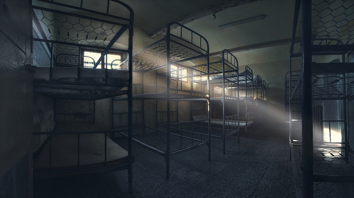 sun rays, abandoned, silent, architecture, empty, bed, mattresses, dust, interior, bunk bed