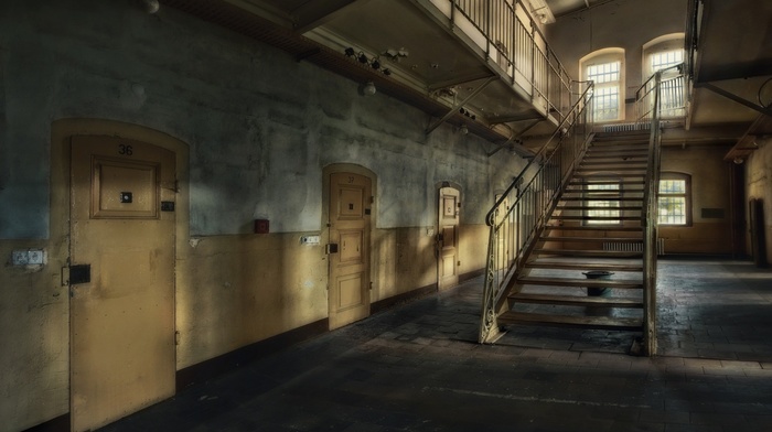 abandoned, window, silent, prison, hallway, door, natural light, stairs, interior, architecture