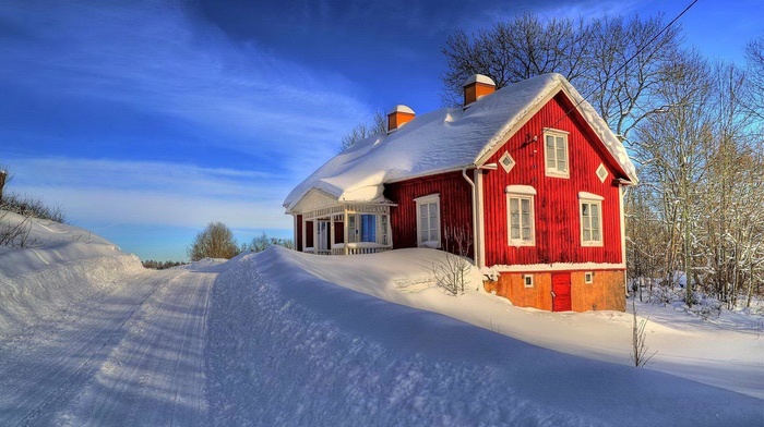 nature, trees, road, Sweden, architecture, window, landscape, winter, snow, house, clouds