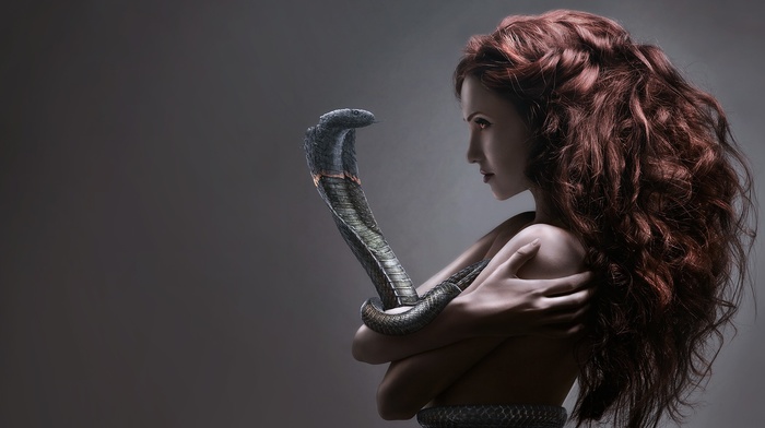girl, cobra, redhead, snake, fantasy art, drawing