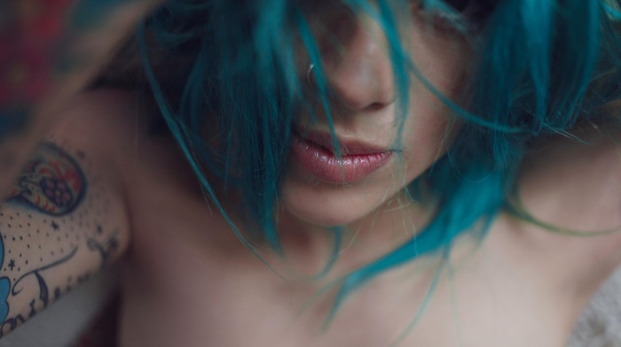 portrait, blue hair, piercing, face, girl