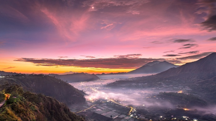 landscape, city, mountains, mist, sky, nature, Indonesia, valley, clouds