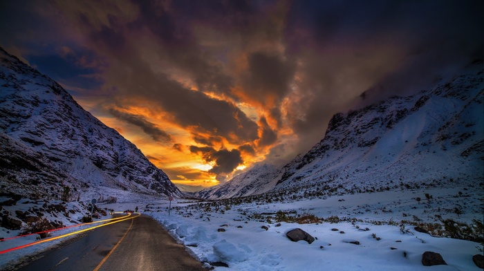 snow, sunset, landscape, road, winter, nature, sky, clouds, Chile, mountains