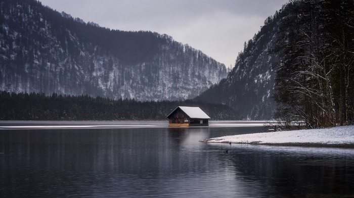 snow, forest, overcast, landscape, cottage, lake, mountains, nature, fall