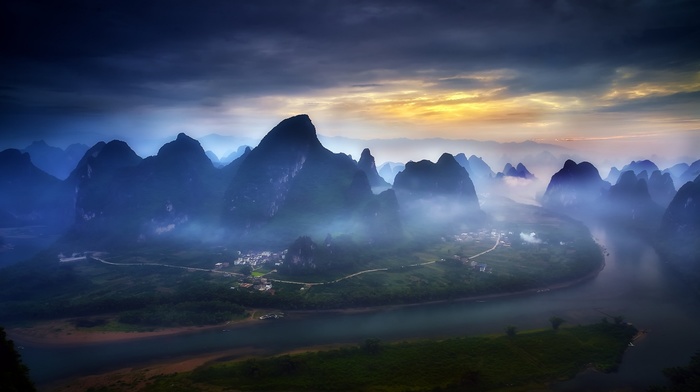 sky, mountains, nature, landscape, blue, river, mist, town, China, road, Guilin, field