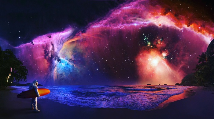 nebula, surfing, fantasy art, astronaut