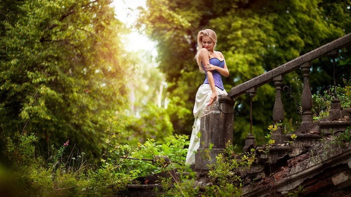 girl outdoors, model, trees, girl, stairs