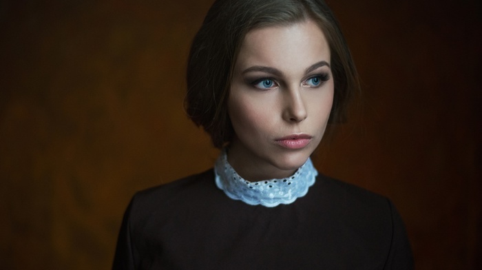 face, Maxim Maximov, looking away, simple background, blue eyes, girl, Natasha Grishchenko, portrait
