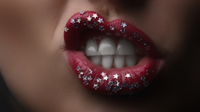 teeth, stars, red lipstick, girl, face, closeup