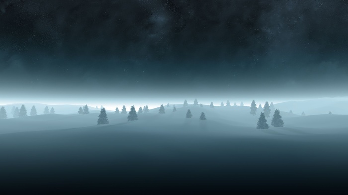 nature, landscape, winter, trees, snow, digital art