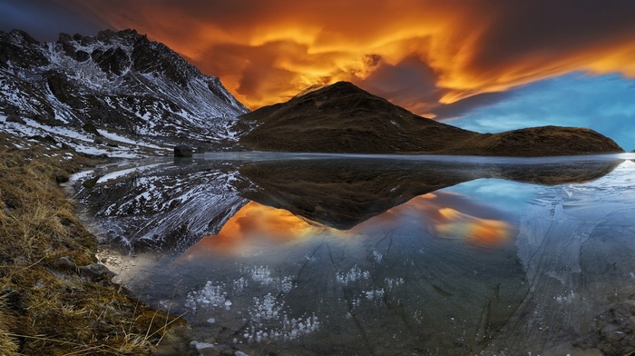 sunset, sky, snow, France, nature, clouds, Alps, landscape, mountains, lake, reflection