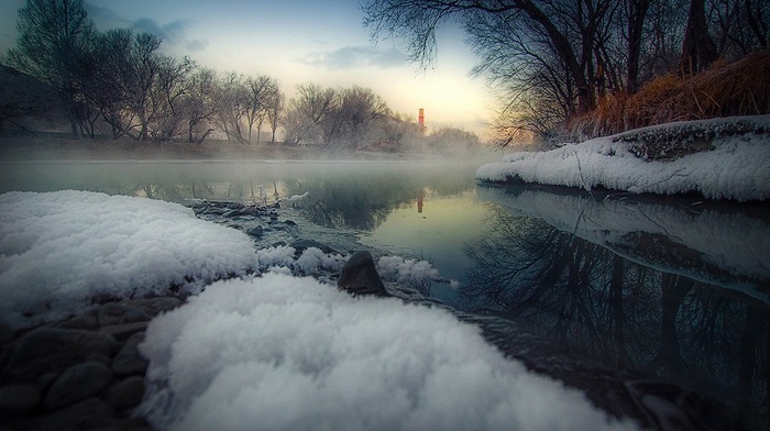 river, trees, Mongolia, fall, landscape, snow, mist, nature, frost