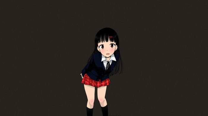 dark hair, black hair, manga, school uniform, long hair, Tsuttsu, schoolgirl, anime, socks, short skirt, looking at viewer, anime girls