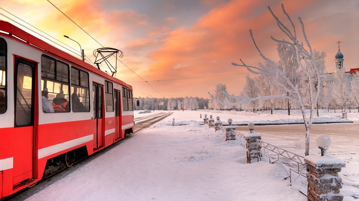 St. Petersburg, snow, tram, winter, vehicle