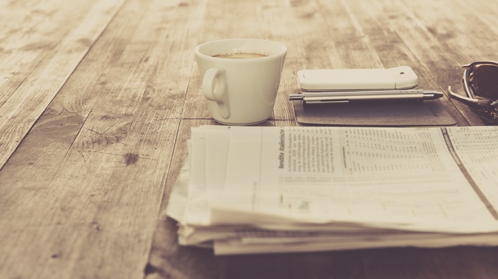 smartphone, pens, coffee, newspapers, cup, wooden surface, mugs