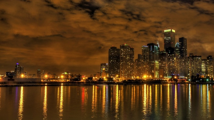 lights, city, water, photography, cityscape, Chicago, building, night, urban, lake