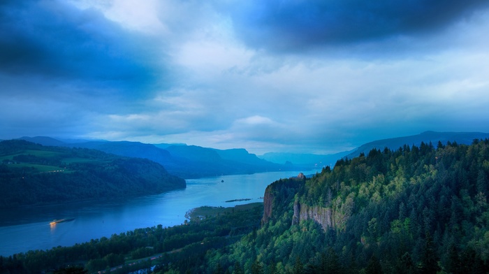 nature, photography, hills, cliff, Columbia River, landscape, trees, water, river