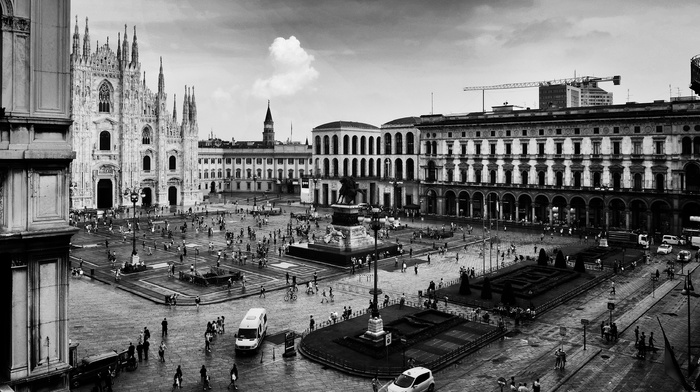 architecture, Milan, square, church, Italy, photography, building, city, monochrome, urban