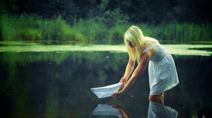 blonde, long hair, skirt, girl outdoors, bare shoulders, reflection, girl, nature, lake, water, trees, model, paper boats