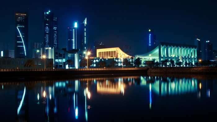 cityscape, architecture, reflection, building, Panasonic, night, skyscraper, city, water, palm trees, lights, Kuwait City, Kuwait