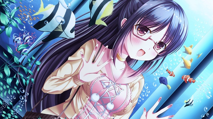 anime girls, aquarium, original characters, glasses, anime