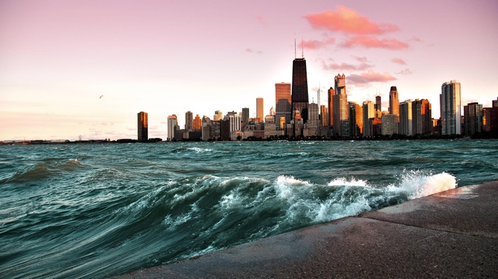 skyscraper, waves, Chicago, cityscape, photography, building, urban, water