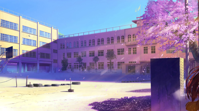 steinsgate, school, cherry blossom, clear sky, Makise Kurisu