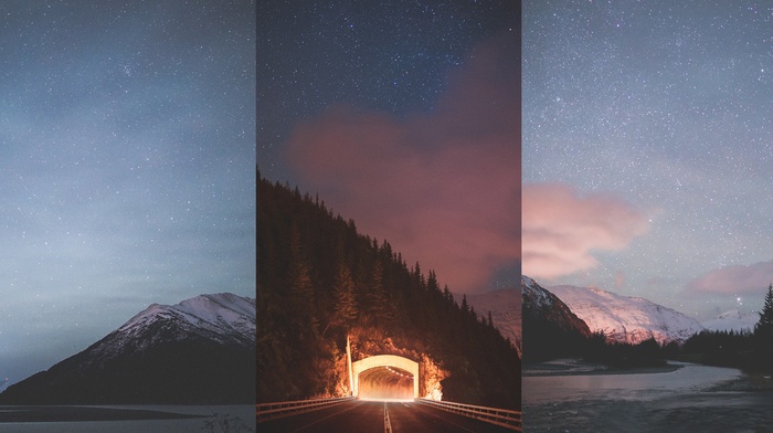 nature, landscape, winter, Alaska, stars, night