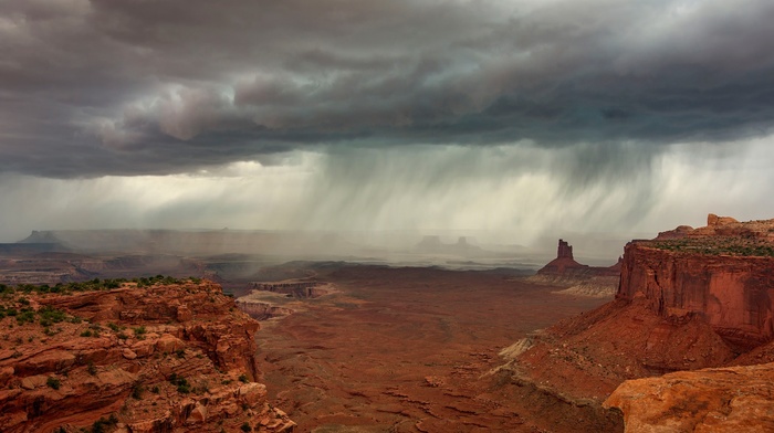 landscape, rain, rock, desert, nature, clouds