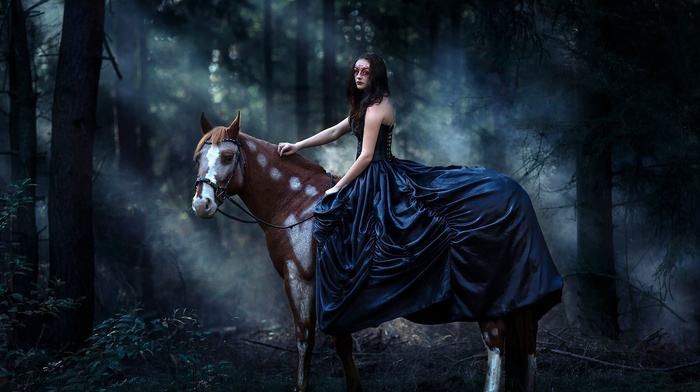 model, girl, forest, horse