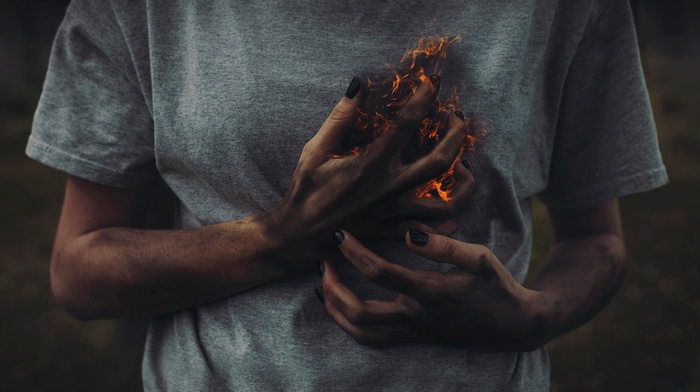 painted nails, emotion, hands, fire
