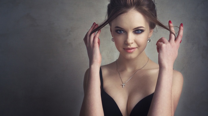 girl, cleavage, Libriana, blue eyes, brunette, smirk, pale, red nails, black bras, face, Polina Bodrova, smoky eyes, hands in hair, natural boobs, portrait